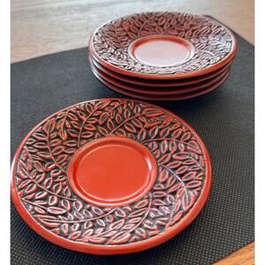 Vintage Japanese Red & Black Tea Saucers / Coasters, Foliage Motif (Set of 5)